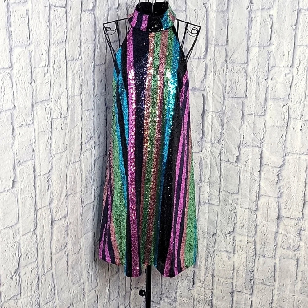 *BADGLEY MISCHKA BELLE Multicolored Sequined Sleeveless Dressy Dress Size 6